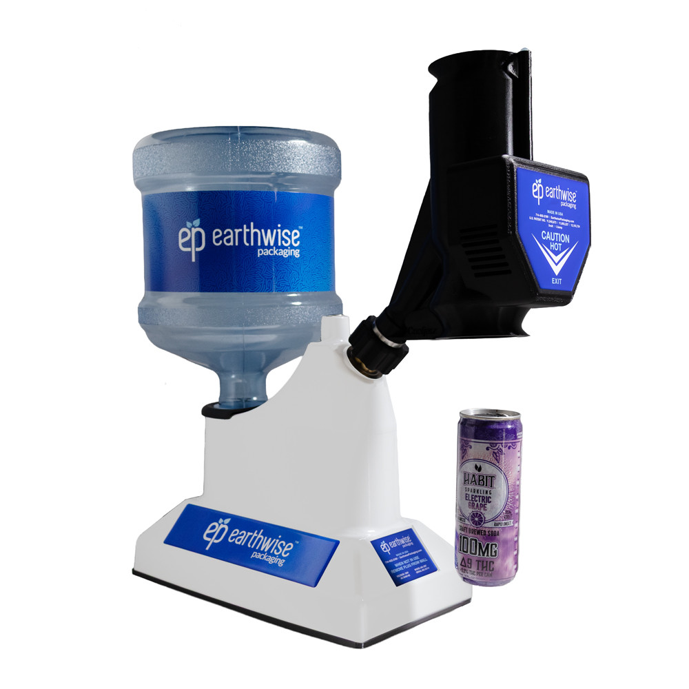 SST shrink sleeve machine with beverage can steam head attachment applying a shrink sleeve label to a can